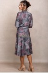 Rochie Andrada din jerse gri cu flori roz, maneca lunga si catarama in talie